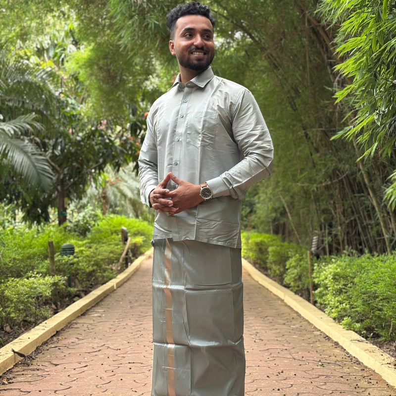Horad Premium Art Silk Steel Grey Shirt + Welcro Dhoti