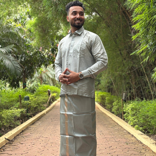 Horad Premium Art Silk Steel Grey Shirt + Dhoti
