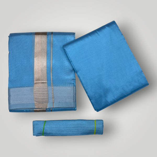 HORAD Premium Art Silk Sky Blue Dhoti with Shirt Material + Belt