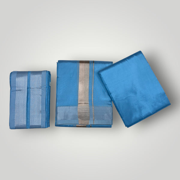 HORAD Premium Art Silk Sky Blue Shirt Material (3 Meter) + (9X5) Dhoti + Angavastram