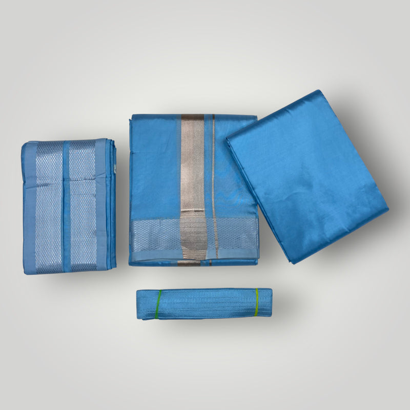 HORAD Premium Art Silk Sky Blue Dhoti with Shirt Material + Angavastram + Belt