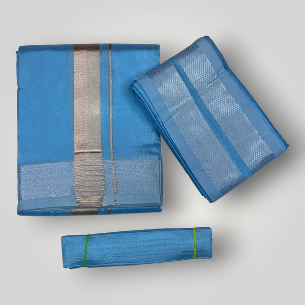 HORAD Premium Art Silk Sky Blue Dhoti + Angavastram + Belt (10X6)