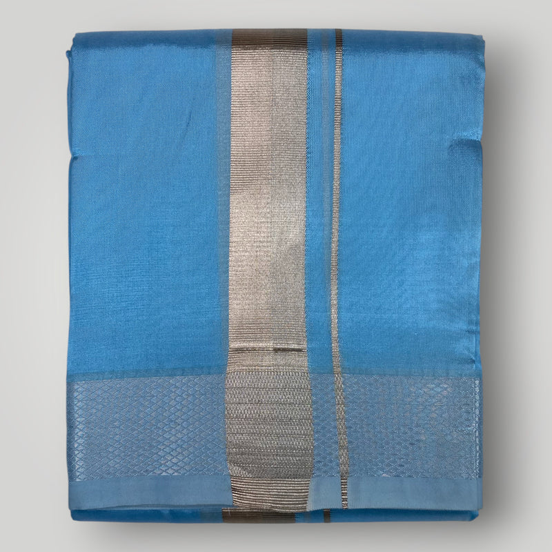 Horad Premium Art Silk Dad and Son Sky Blue Shirt + Dhoti + Angavastram