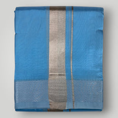 HORAD Premium Art Silk Sky Blue Dhoti with Shirt Material + Angavastram