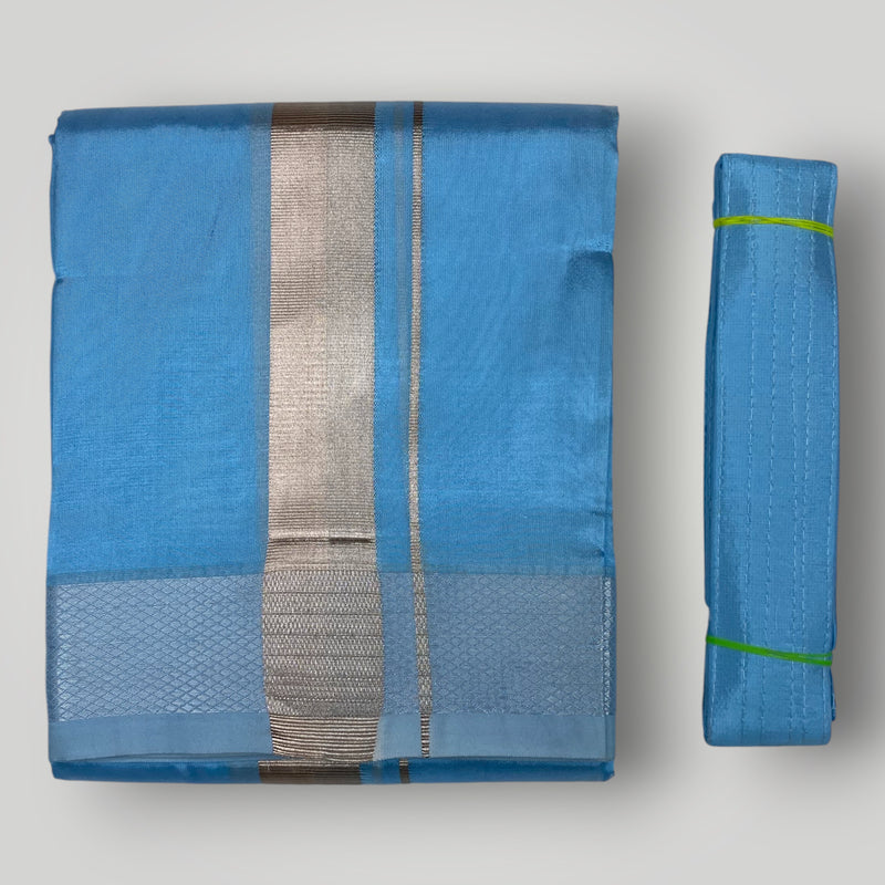 Horad Premium Art Silk Dad and Son Sky Blue Shirt + Dhoti + Angavastram + Belt