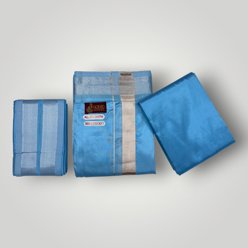 HORAD Premium Art Silk Sky Blue Welcro Dhoti with Shirt Material + Angavastram