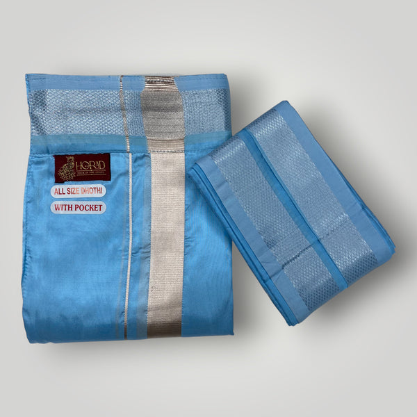 Horad Premium Art Silk Sky Blue Welcro Dhoti + Angavastram