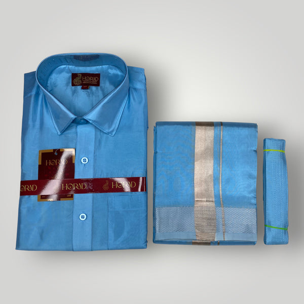 Horad Premium Art Silk Sky Blue Shirt + Dhoti + Belt