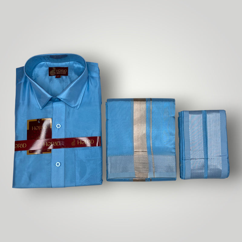 Horad Premium Art Silk Sky Blue Shirt + Dhoti +  Angavastram
