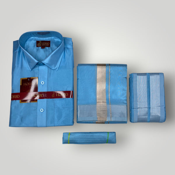 Horad Premium Art Silk Sky Blue Shirt + Dhoti +  Angavastram + Belt