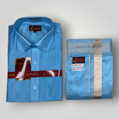 Horad Premium Art Silk Sky Blue Shirt + Welcro Dhoti
