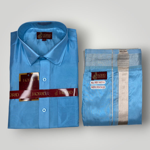 Horad Premium Art Silk Sky Blue Shirt + Welcro Dhoti