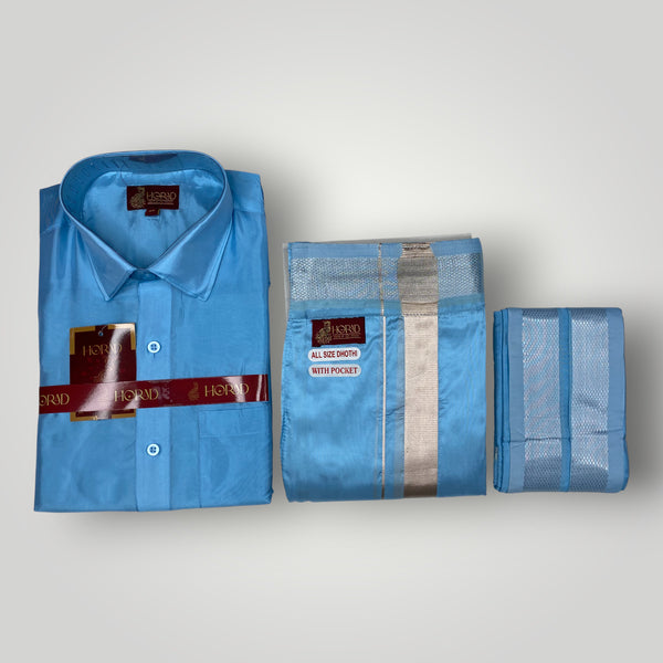 Horad Premium Art Silk Sky Blue Shirt + Welcro Dhoti + Angavastram