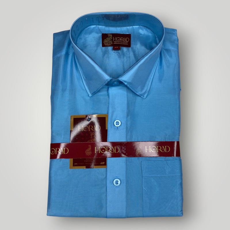 Horad Premium Art Silk Dad and Son Sky Blue Shirt + Welcro Dhoti + Angavastram