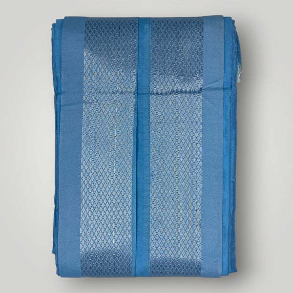 HORAD Premium Art Silk Sky Blue Shirt Material (3 Meter) + (9X5) Dhoti + Angavastram