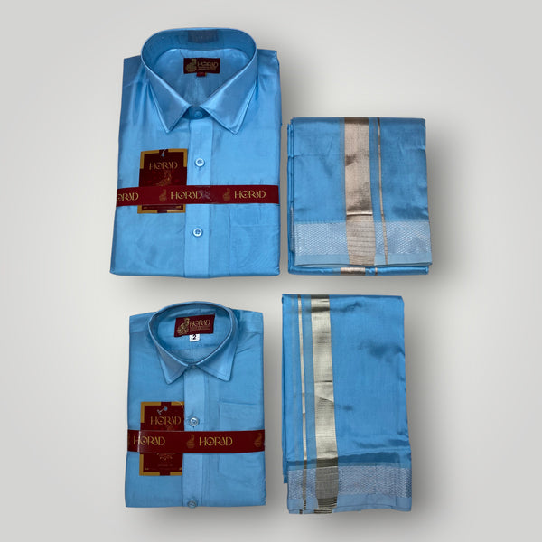 Horad Premium Art Silk Dad and Son Sky Blue Shirt + Dhoti
