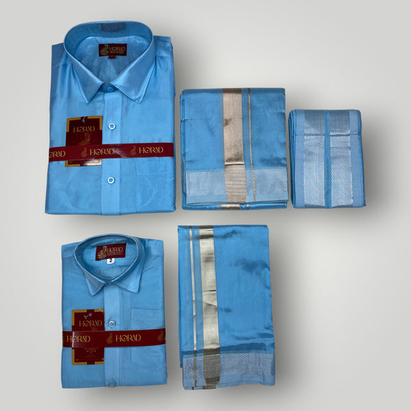 Horad Premium Art Silk Dad and Son Sky Blue Shirt + Dhoti + Angavastram