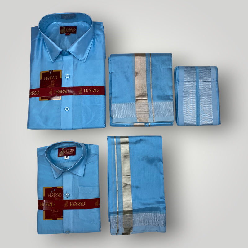 Horad Premium Art Silk Dad and Son Sky Blue Shirt + Dhoti + Angavastram