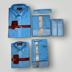 Horad Premium Art Silk Dad and Son Sky Blue Shirt + Dhoti + Angavastram + Belt