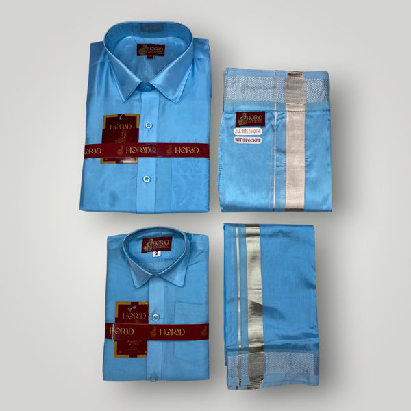 Horad Premium Art Silk Dad and Son Sky Blue Shirt + Welcro Dhoti