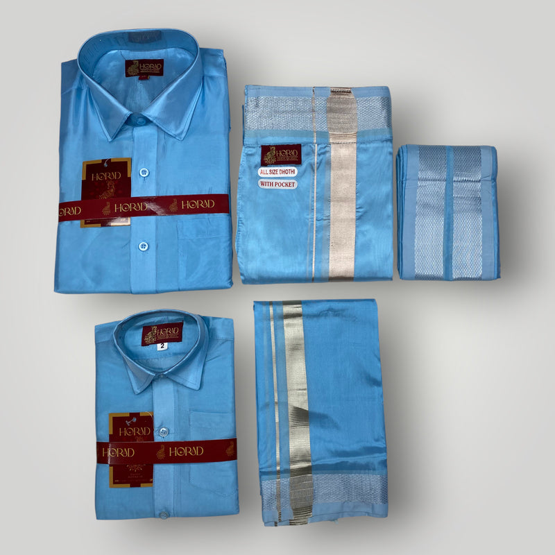 Horad Premium Art Silk Dad and Son Sky Blue Shirt + Welcro Dhoti + Angavastram
