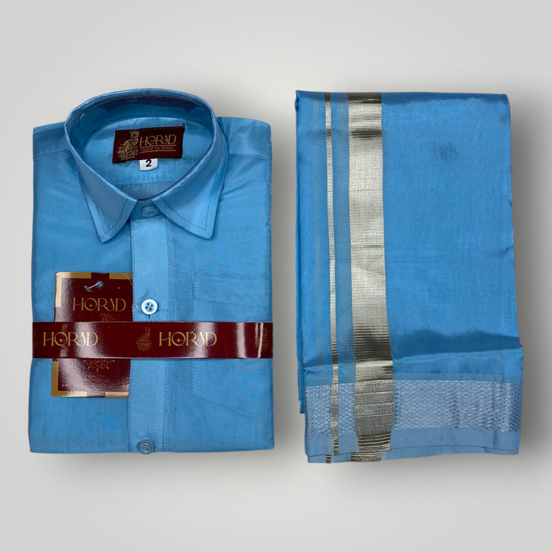 Horad Premium Art Silk Dad and Son Sky Blue Shirt + Welcro Dhoti + Angavastram