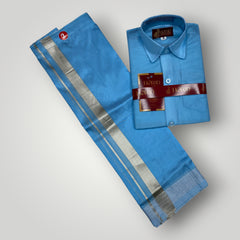 Horad Premium Art Silk Dad and Son Sky Blue Shirt + Dhoti + Angavastram
