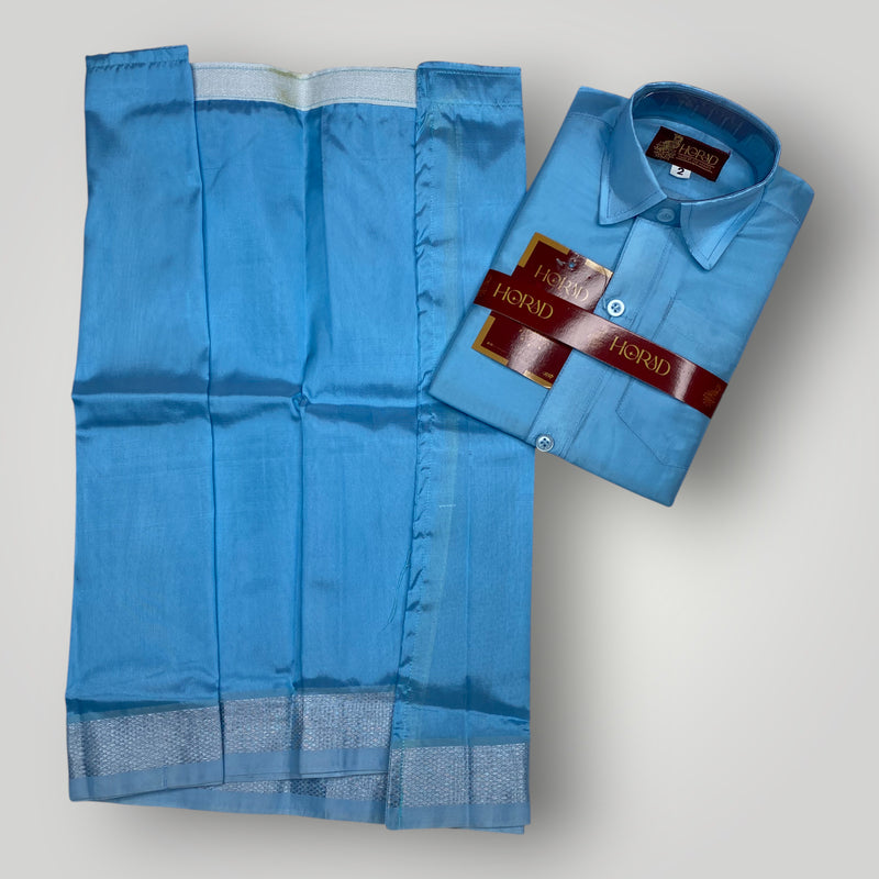 Horad Premium Art Silk Dad and Son Sky Blue Shirt + Welcro Dhoti