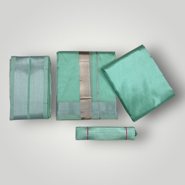 HORAD Premium Art Silk M.L.Green Dhoti with Shirt Material + Angavastram + Belt