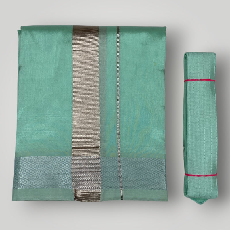 HORAD Premium Art Silk M.L.Green Shirt Material (3 Meter) + (9X5) Dhoti + Angavastram + Belt