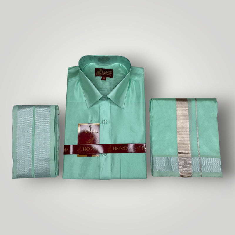 Horad Premium Art Silk M.L.Green Shirt + Dhoti + Angavastram