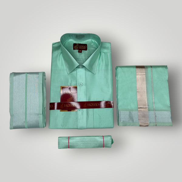 Horad Premium Art Silk Mint Leaf Green Shirt + Dhoti + Angavastram + Belt