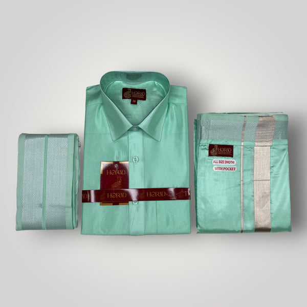 Horad Premium Art Silk ML.Green Shirt + Welcro Dhoti + Angavastram