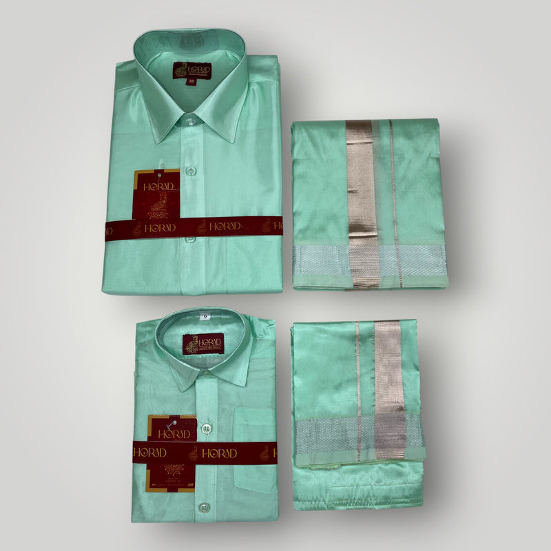 Horad Premium Art Silk Dad and Son M.L.Green Shirt + Dhoti