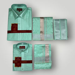 Horad Premium Art Silk Dad and Son M.L.Green Shirt + Dhoti + Angavastram