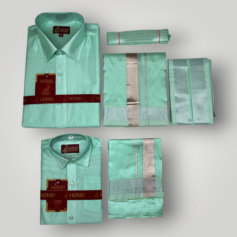 Horad Premium Art Silk Dad and Son M.L.Green Shirt + Dhoti + Angavastram + Belt