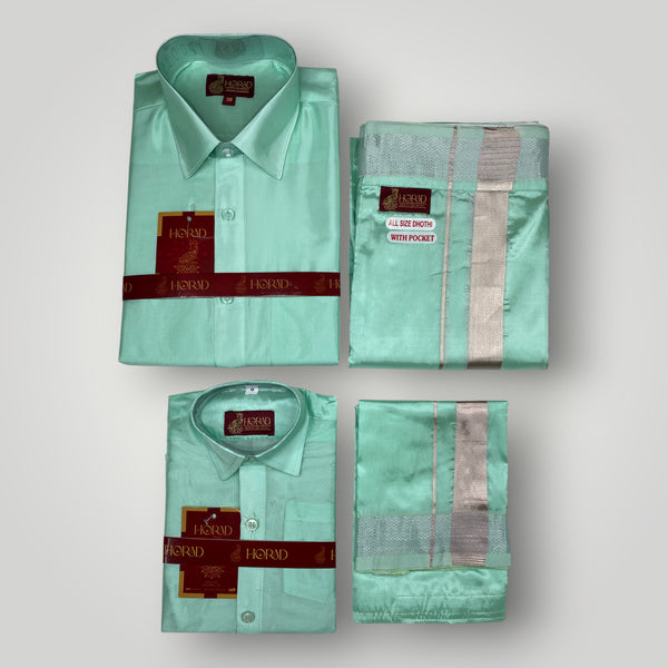 Horad Premium Art Silk Dad and Son M.L.Green Shirt + Welcro Dhoti