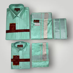 Horad Premium Art Silk Dad and Son M.L.Green Shirt + Welcro Dhoti + Angavastram