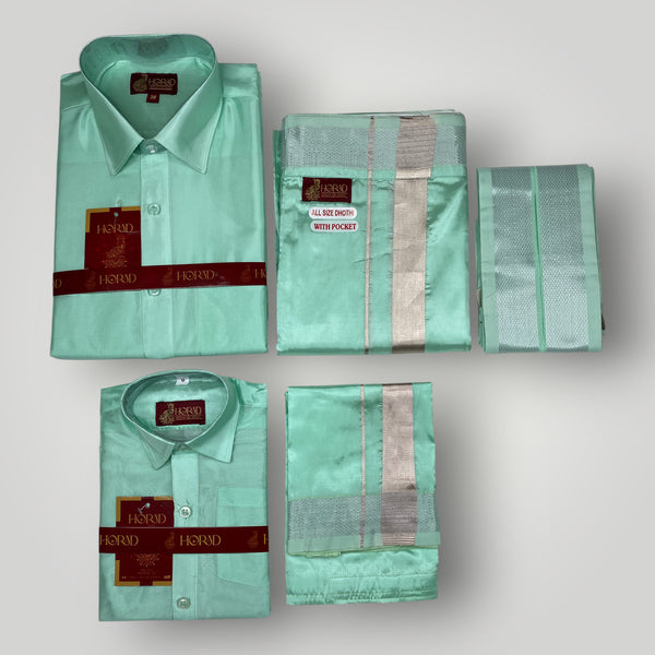 Horad Premium Art Silk Dad and Son M.L.Green Shirt + Welcro Dhoti + Angavastram