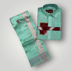 Horad Premium Art Silk Dad and Son M.L.Green Shirt + Welcro Dhoti + Angavastram