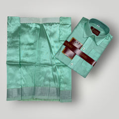 Horad Premium Art Silk Dad and Son M.L.Green Shirt + Dhoti + Angavastram + Belt