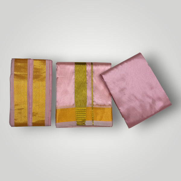 HORAD Premium Art Silk Petal Pink Shirt Material (3 Meter) + (9X5) Dhoti + Angavastram