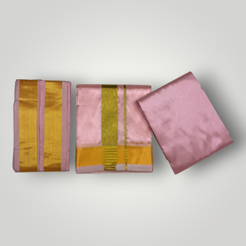 HORAD Premium Art Silk Petal Pink Shirt Material (3 Meter) + (9X5) Dhoti + Angavastram
