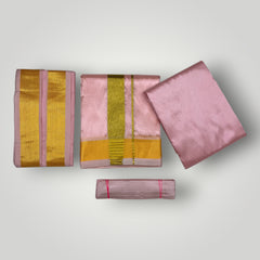 HORAD Premium Art Silk Petal Pink Dhoti with Shirt Material + Angavastram + Belt