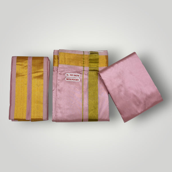 HORAD Premium Art Silk Petal Pink Welcro Dhoti with Shirt Material + Angavastram