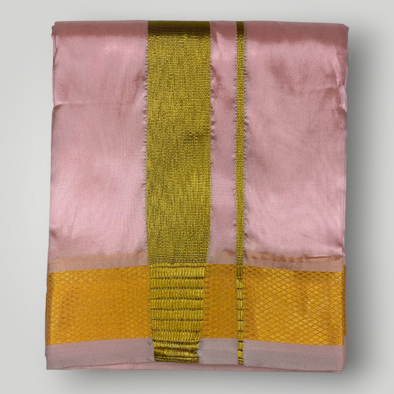 Horad Premium Art Silk Dad and Son Petal Pink Shirt + Dhoti + Angavastram