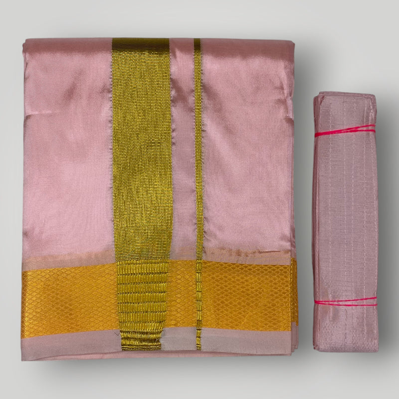 HORAD Premium Art Silk Petal Pink Dhoti + Angavastram + Belt (9X5)