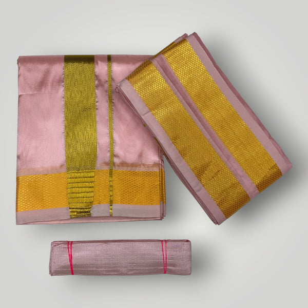 HORAD Premium Art Silk Petal Pink Dhoti + Angavastram + Belt (9X5)