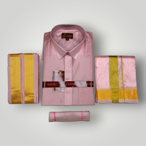 Horad Premium Art Silk Petal Pink Shirt + Dhoti + Angavastram + Belt