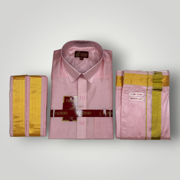 Horad Premium Art Silk Petal Pink Shirt + Welcro Dhoti + Angavastram